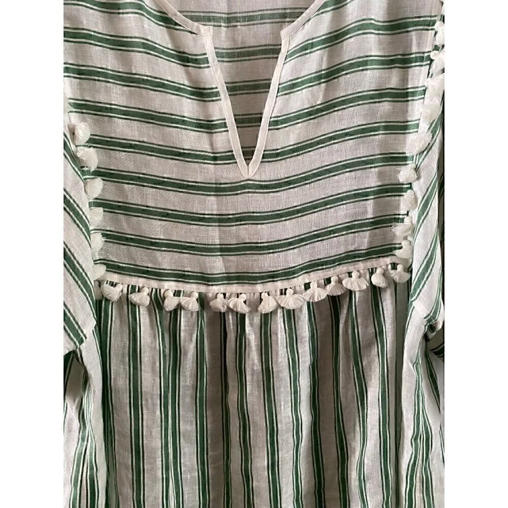 Tory Burch Striped Linen Caftan Size Small Midi Green White Tassels Swim coverup